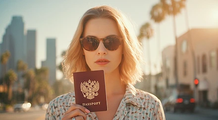 A young woman with blonde hair and sunglasses stands in front of a city backdrop, holding a Russian passport.