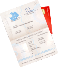 open international biometric passport with a red credit card partially overlapping its edge