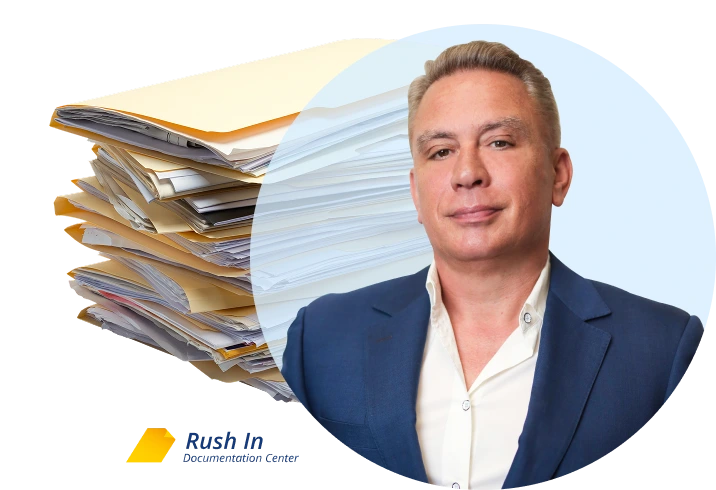 vadim and stacks of manila file folders and loose papers